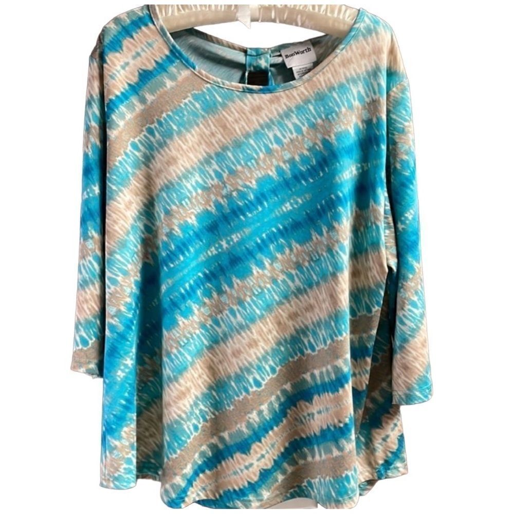 BonWorth Ladies Dress Scoop Neck Top Blouse Small, Teal,Tan and White